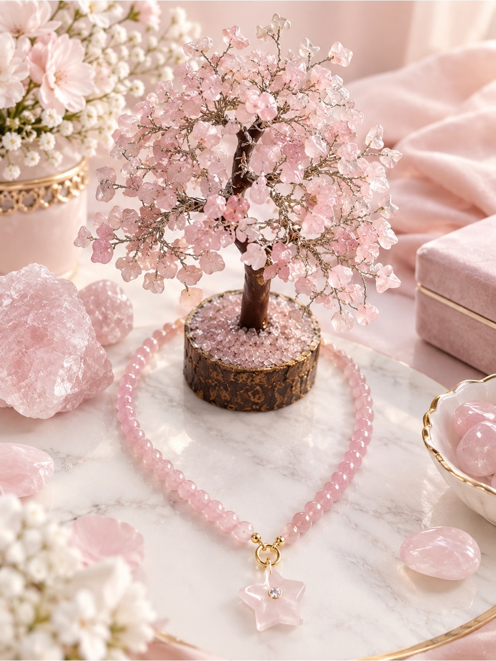 Rose Quartz Beaded Necklace with Star Pendant - Pink